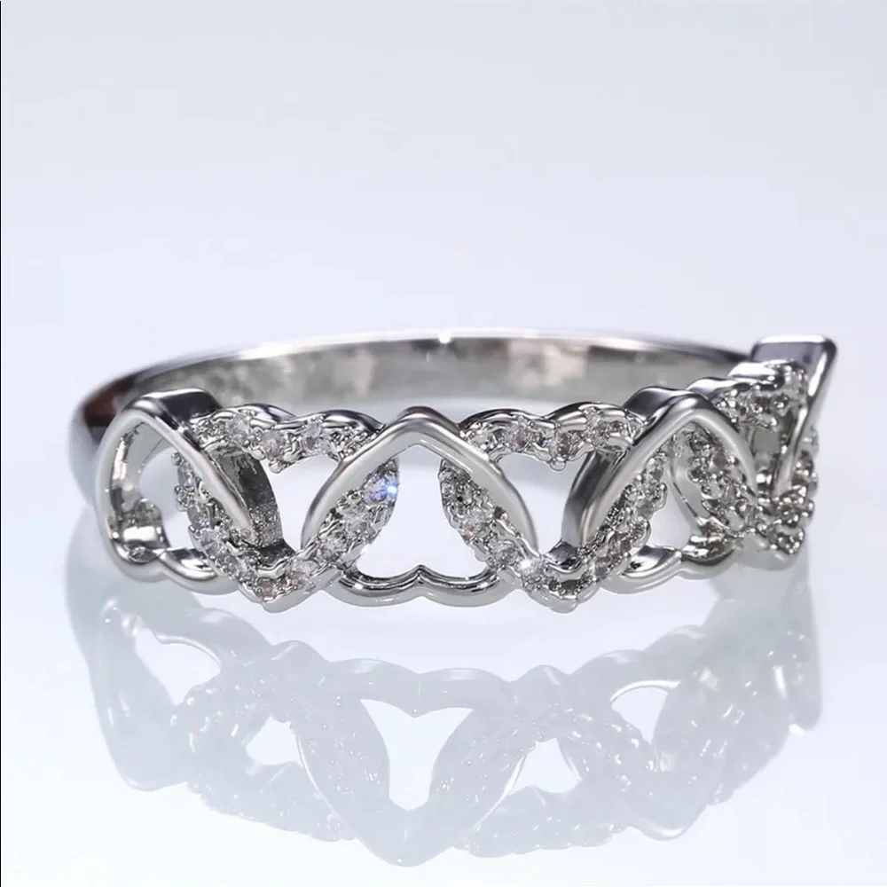 New Lovely Hearts 925 Silver White Sapphire Ring